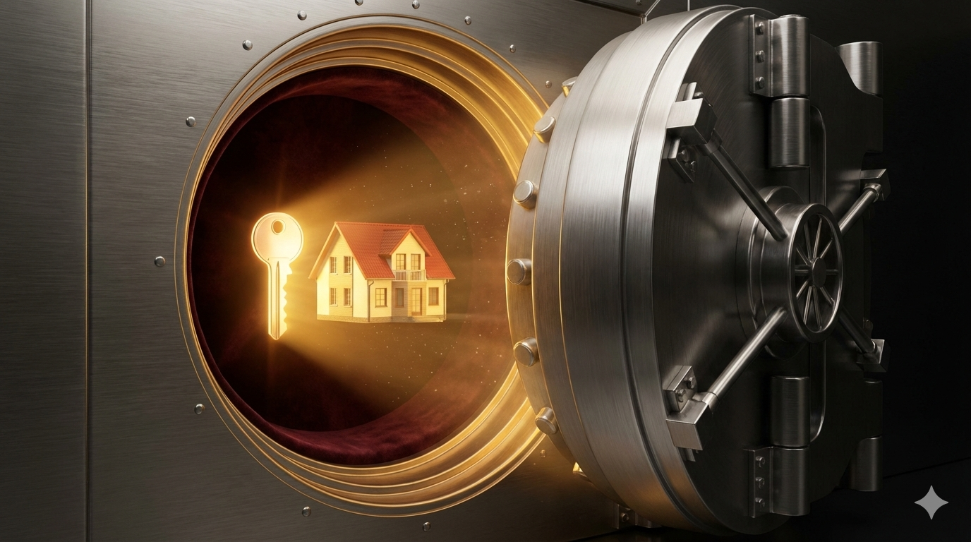 금고가 열리며 집 열쇠가 나오는 3D 일러스트