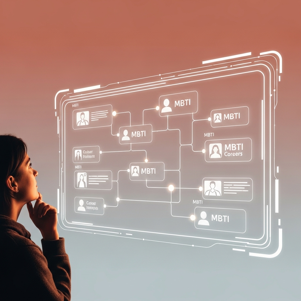 미래의 직업 경로와 MBTI 성격 유형이 빛나는 선으로 연결된 디지털 화면을 신중하게 바라보는 사람의 모습. 따뜻한 테라코타와 라이트 그레이 색상 배경.