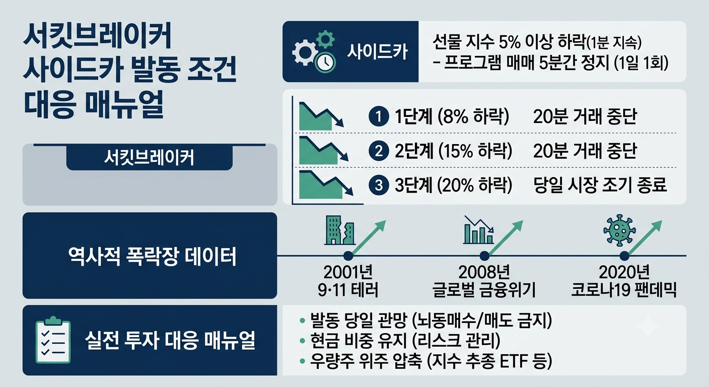 서킷브레이커와 사이드카 발동 조건 및 역사적 폭락장 대응 매뉴얼 인포그래픽