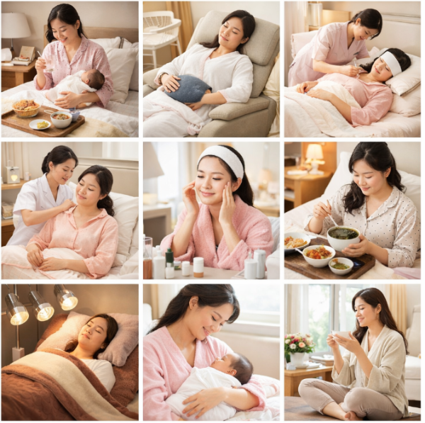 출산 후 산모가 아기를 돌보며 식사·휴식·산후 마사지·스킨케어 등 산후조리를 받는 일상 모습 모음
