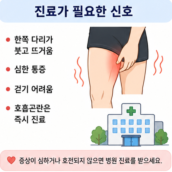 한쪽 다리의 부종과 열감, 심한 통증, 걷기 어려움, 호흡곤란 등 진료가 필요한 신호를 보여주는 이미지