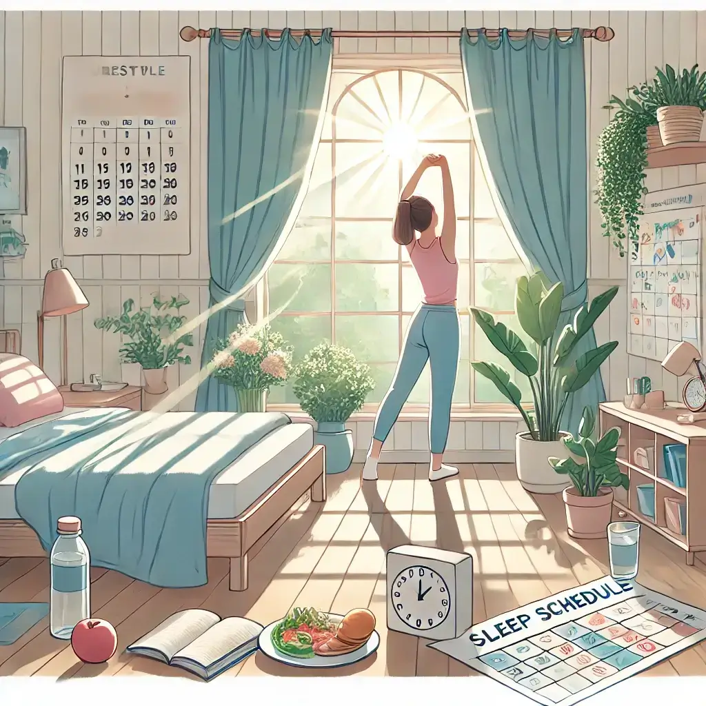 주말 아침, 집에서 스트레칭을 하는 여성
