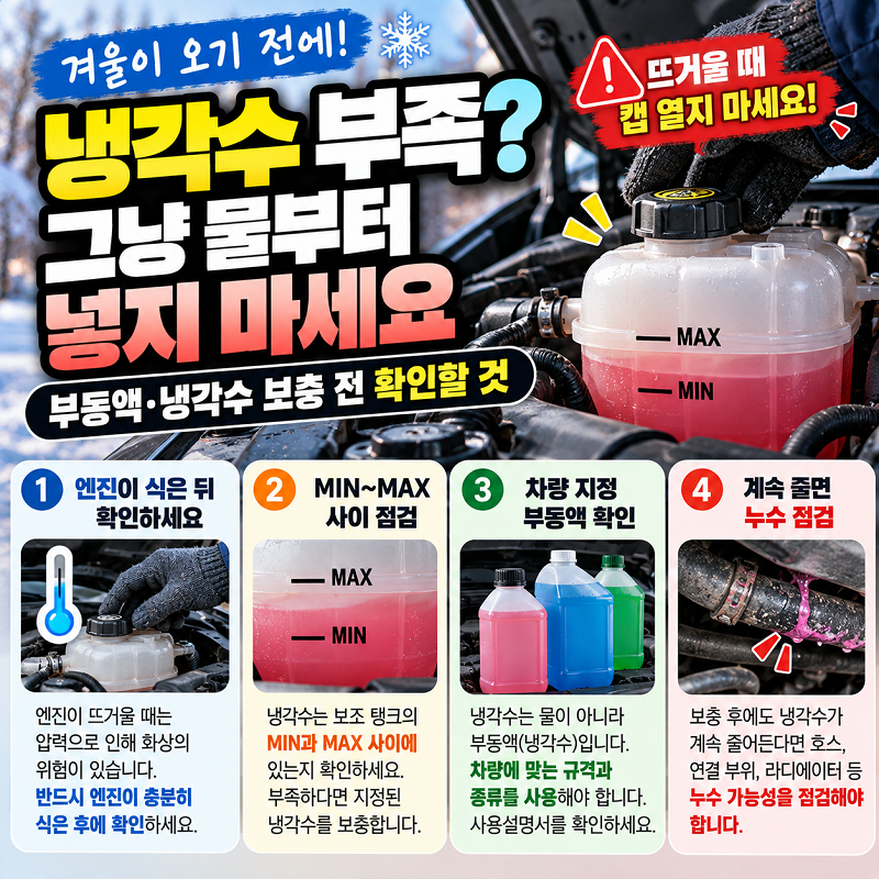 자동차 냉각수 부족 부동액 보충 MIN MAX 확인 방법