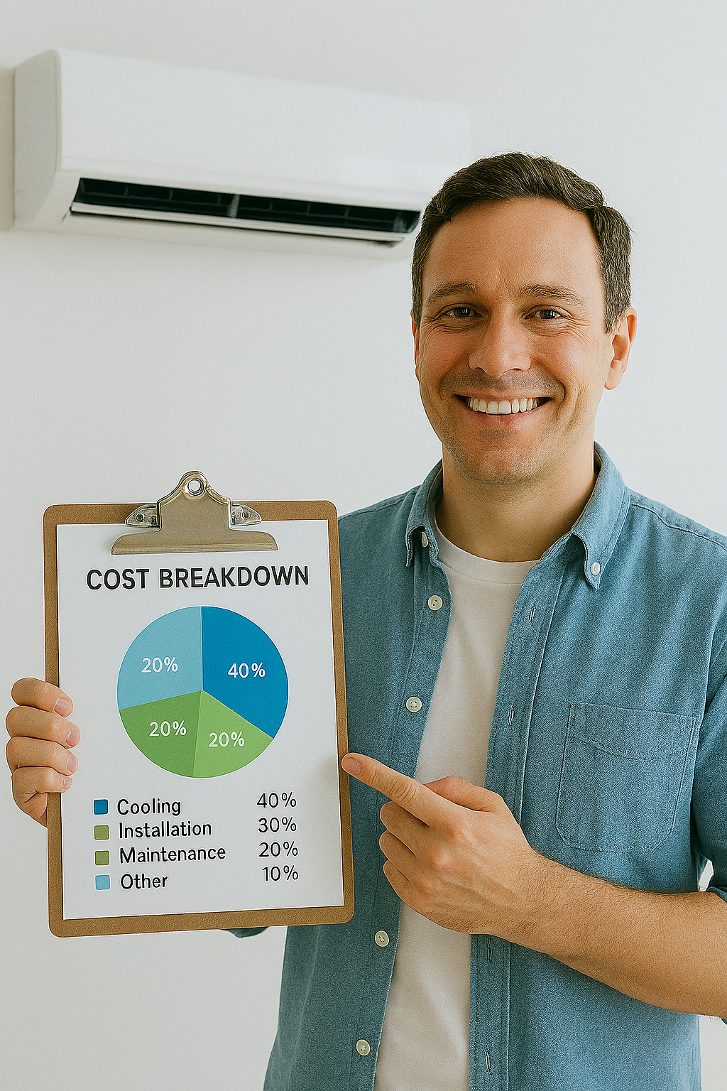 에어컨 옆에서 충전 비용표를 확인하며 만족하는 고객