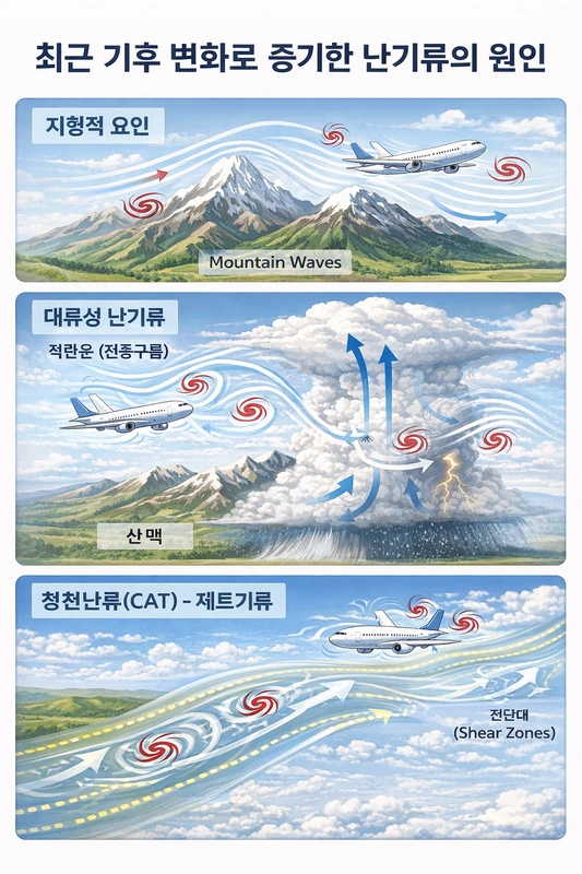 기후 변화로 증가한 난기류의 원인을 설명하는 한국어 인포그래픽으로, 지형적 요인, 대류성 난기류, 청천난류와 제트기류의 발생 원리를 3개 패널로 정리한 이미지