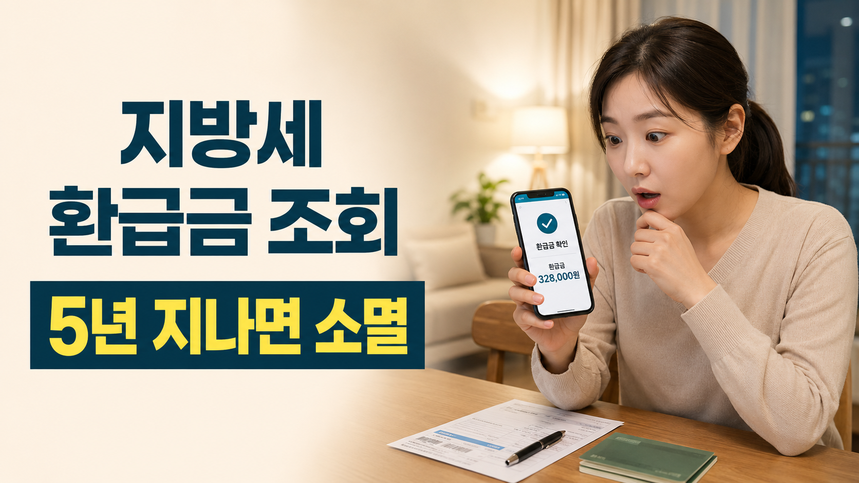 스마트폰으로 지방세 환급금을 조회하는 한국인 여성과 5년 소멸 안내