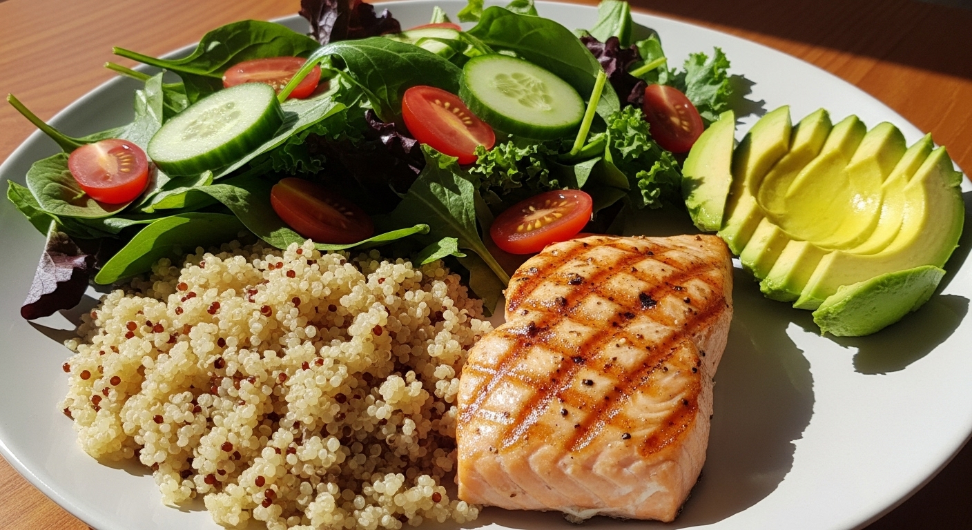 갑상선암 장기 관리를 위한 단백질, 건강한 지방, 복합 탄수화물이 균형 잡힌 건강식.