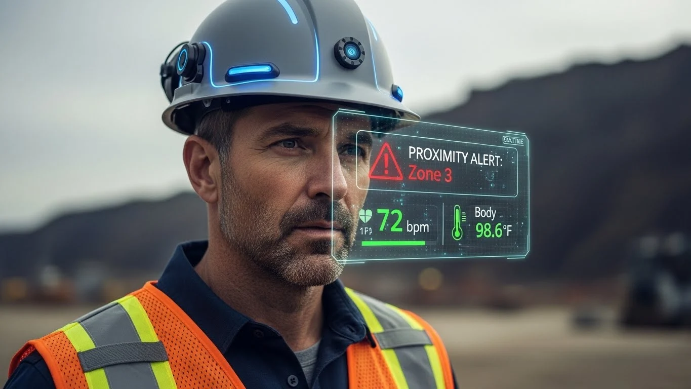 첨단 IoT 센서가 부착된 스마트 안전모를 쓴 현장 관리자가 홀로그램으로 안전 데이터를 확인하는 모습. 스마트 안전장비의 작동 원리와 핵심 기술을 상징적으로 보여줍니다.