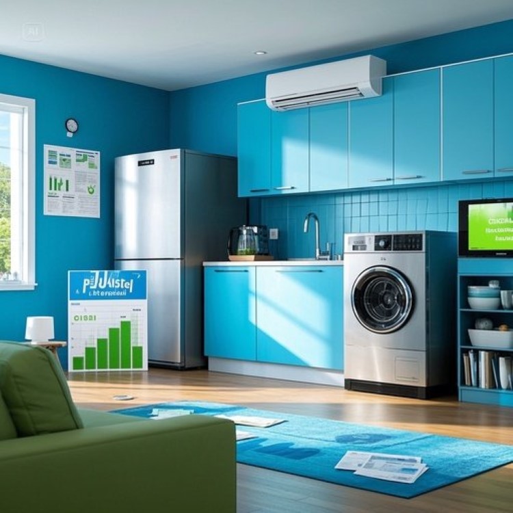 현대적인 주방과 거실 배경에 1등급 에어컨, 냉장고, 세탁기가 놓여 있고, 환급을 상징하는 동전과 전기료 절약 그래프가 어우러진 이미지. 밝은 파란색과 초록색 톤으로 친환경과 절약 강조