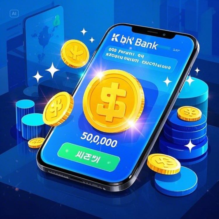 &quot;스마트폰 화면에 케이뱅크 동전잡기 게임이 표시되고, 동전과 5만 원 상금 그래픽이 반짝이는 장면. 배경에 케이뱅크 로고와 현대적인 금융 이미지, 밝고 활기찬 분위기.”