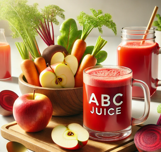 ABC주스를 만들기 위해 사과 비트 당근 등, 채소와 과일이 바구니에 담겨있고, 믹서해서 만든 주스가 투명 유리잔에 담겨있다.