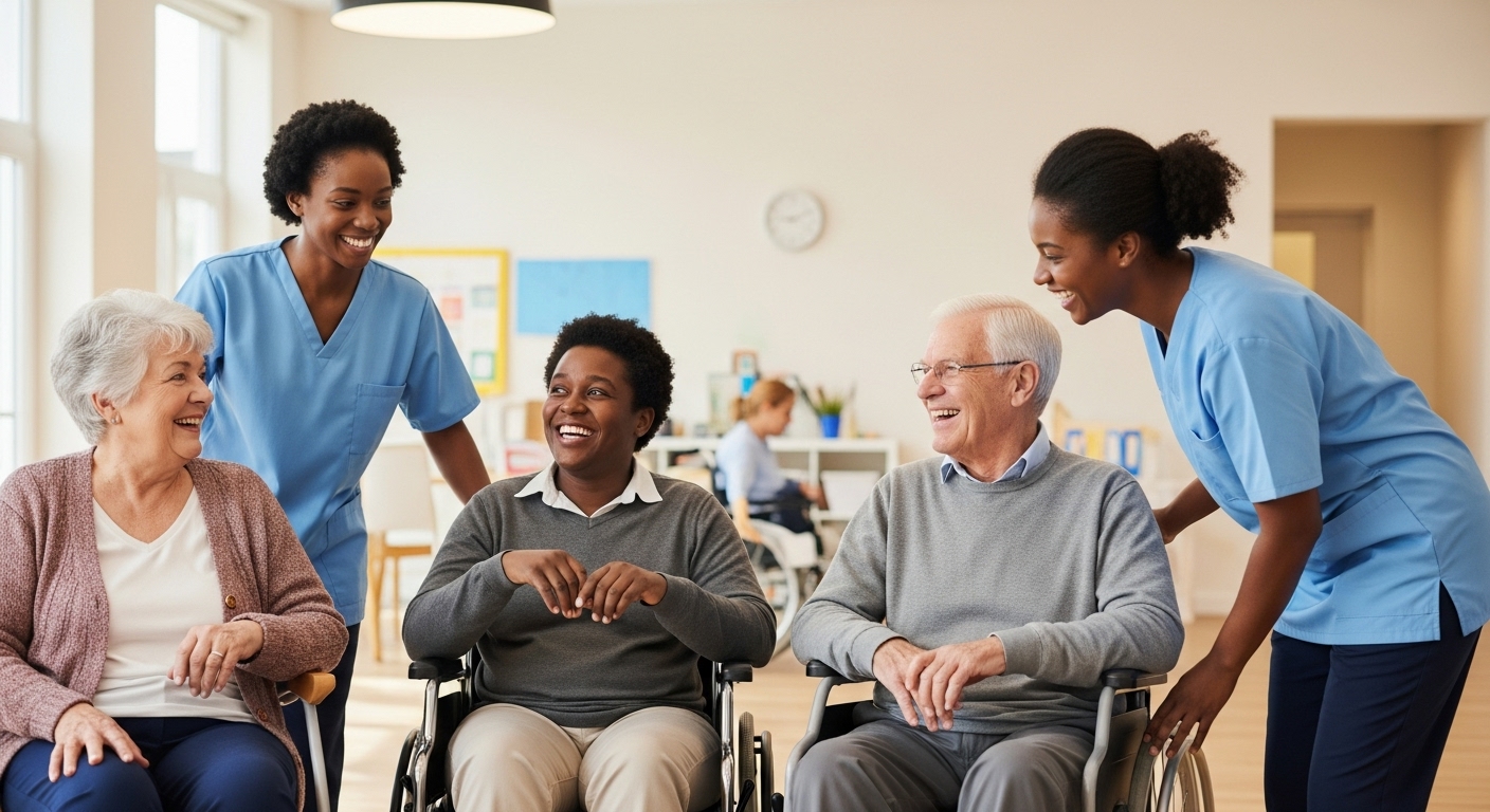 다양한 연령대와 장애를 가진 사람들이 함께 사회 활동에 참여하며 웃고 있는 통합돌봄 커뮤니티 센터 모습.