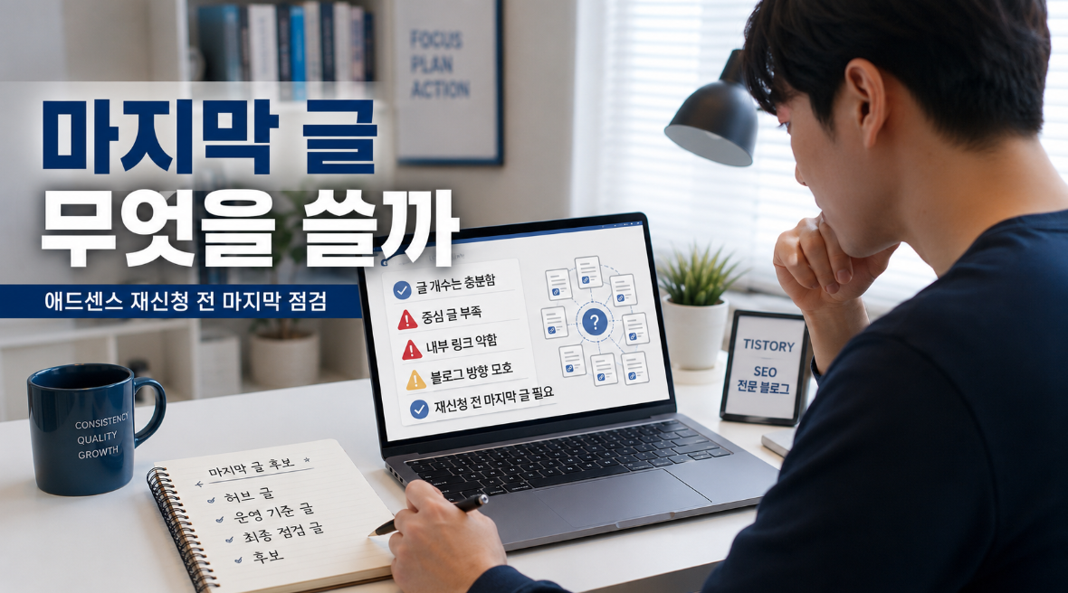 애드센스 재신청 전 마지막 글 주제와 블로그 신뢰도 보완 방향을 고민하는 블로거 이미지