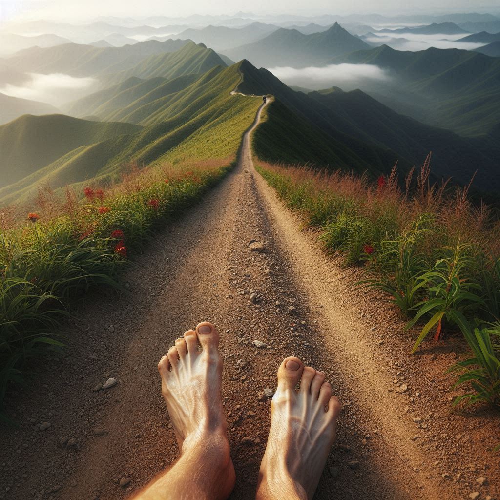 赤脚走在鸡足山的黄土路上