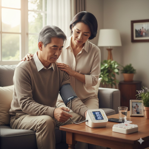 가정용 혈압계로 건강을 관리하는 모습