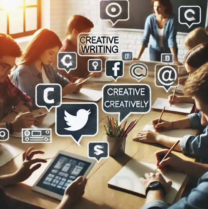 소셜미디어를 사용해 창의적으로 글을 쓰는 학생들 그룹이 교실에서 협력적인 분위기 속에서 공부하고 있는 모습.