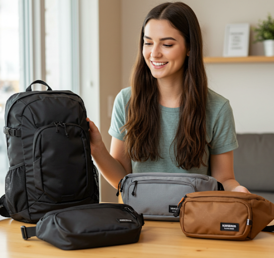 여성이 백팩, 슬링백, 힙색을 고르는 모습