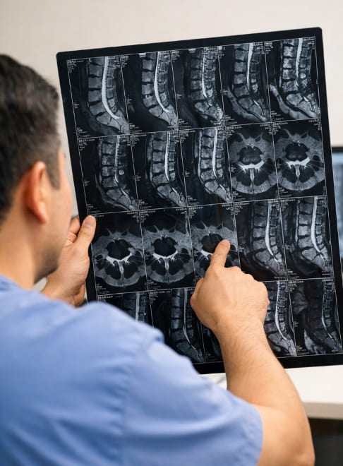 허리 MRI 필름을 보는 모습