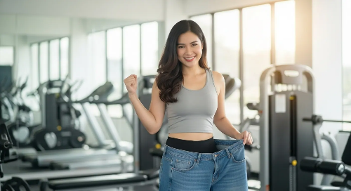 여성이 헬스 장에서 예전에 입었던 허리가 넓은 바지를 입고 있는 모습