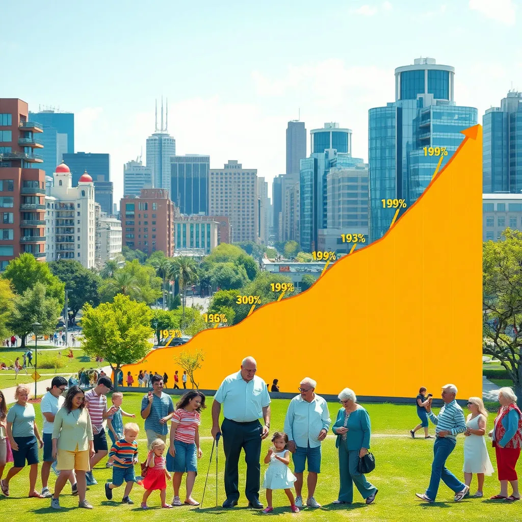 노년층 인구의 비율이 점진적으로 증가하는 그래프나, 다양한 연령대의 사람들이 조화롭게 살아가는 도시 풍경 속에서 노년층의 비중이 돋보이는 모습.