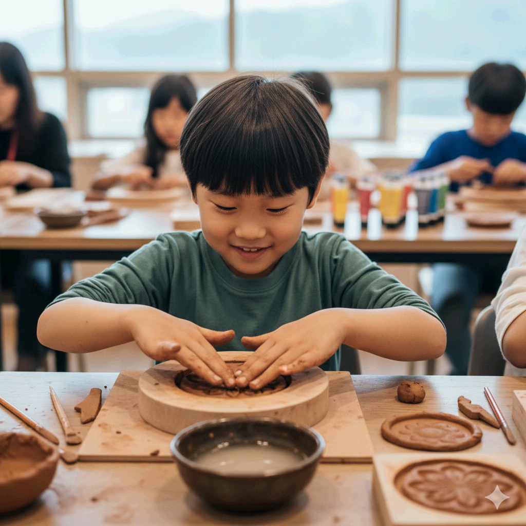 논산아트센터에서 아이가 백제 와당 만들기 체험을 하는 모습