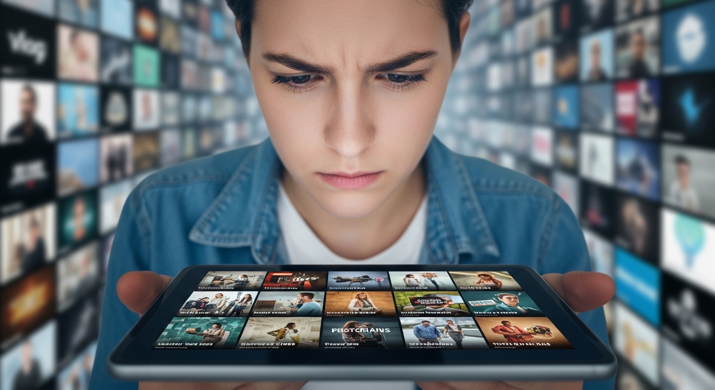 스마트폰에서 끝없이 스크롤하며 영상 선택에 지쳐 보이는 사람, 결정 피로를 시각적으로 표현.