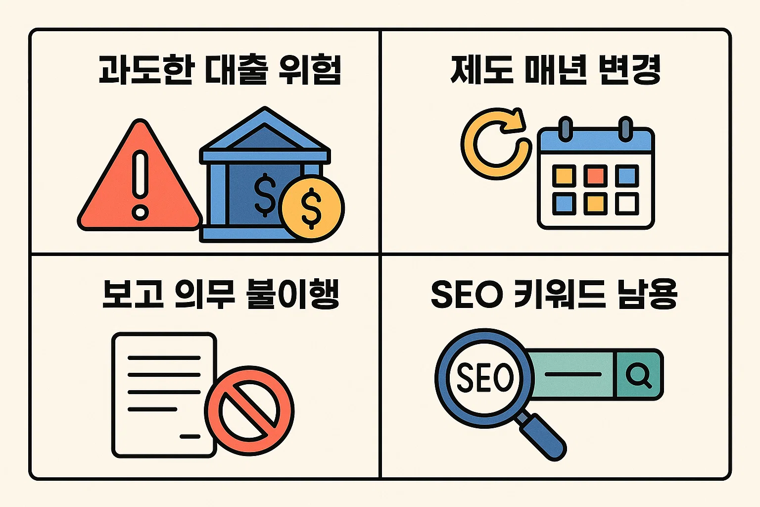 창업지원금과 신용보증기금 활용 시 발생할 수 있는 과도한 대출 위험, 제도 매년 변경, 보고 의무 불이행, SEO 키워드 남용 등 리스크를 경고하는 인포그래픽