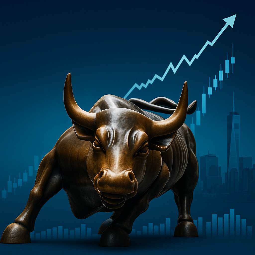 월가의 황소 동상과 상승하는 주가 그래프