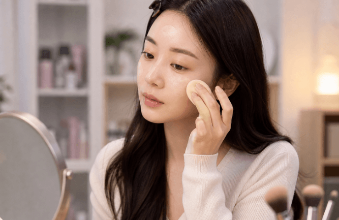 거울 앞에서 화장하는 여자