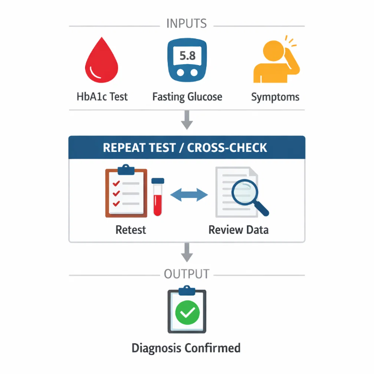 당화혈색소와 공복혈당 결과를 재검사 및 교차 확인하여 당뇨 확진을 결정하는 의료 판단 절차
