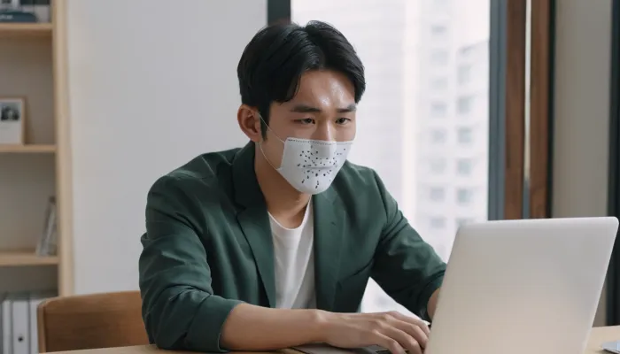 여드름 패치를 붙이고 노트북으로 일하는 남성의 모습