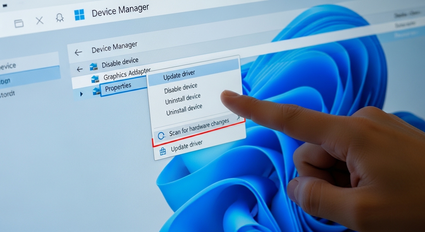 윈도우 11 장치 관리자 화면에서 '드라이버 업데이트' 메뉴를 선택하는 손. 하드웨어 드라이버를 최신 상태로 유지하여 PC 성능을 개선하는 과정을 나타냅니다.
