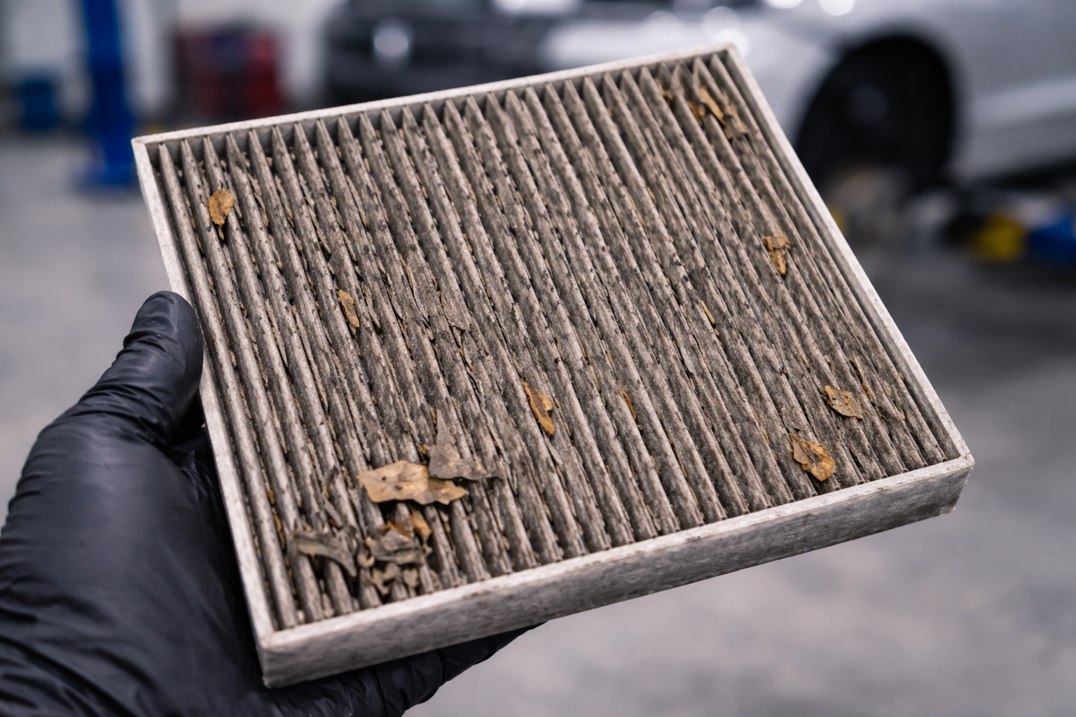 곰팡이 냄새의 원인이 되는 오염된 차량 에어컨 필터 상태