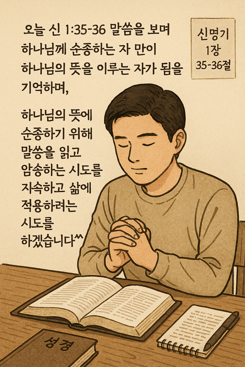 신 1:35-36 말씀을 보며 하나님께 순종하는 자 만이 하나님의 뜻을 이루는 자가 됨을 기억하며&amp;#44; 하나님의 뜻에 순종하기 위해 말씀을 읽고 암송하는 시도를 지속하고 삶에 적용하려는 시도를 하는 모습입니다.