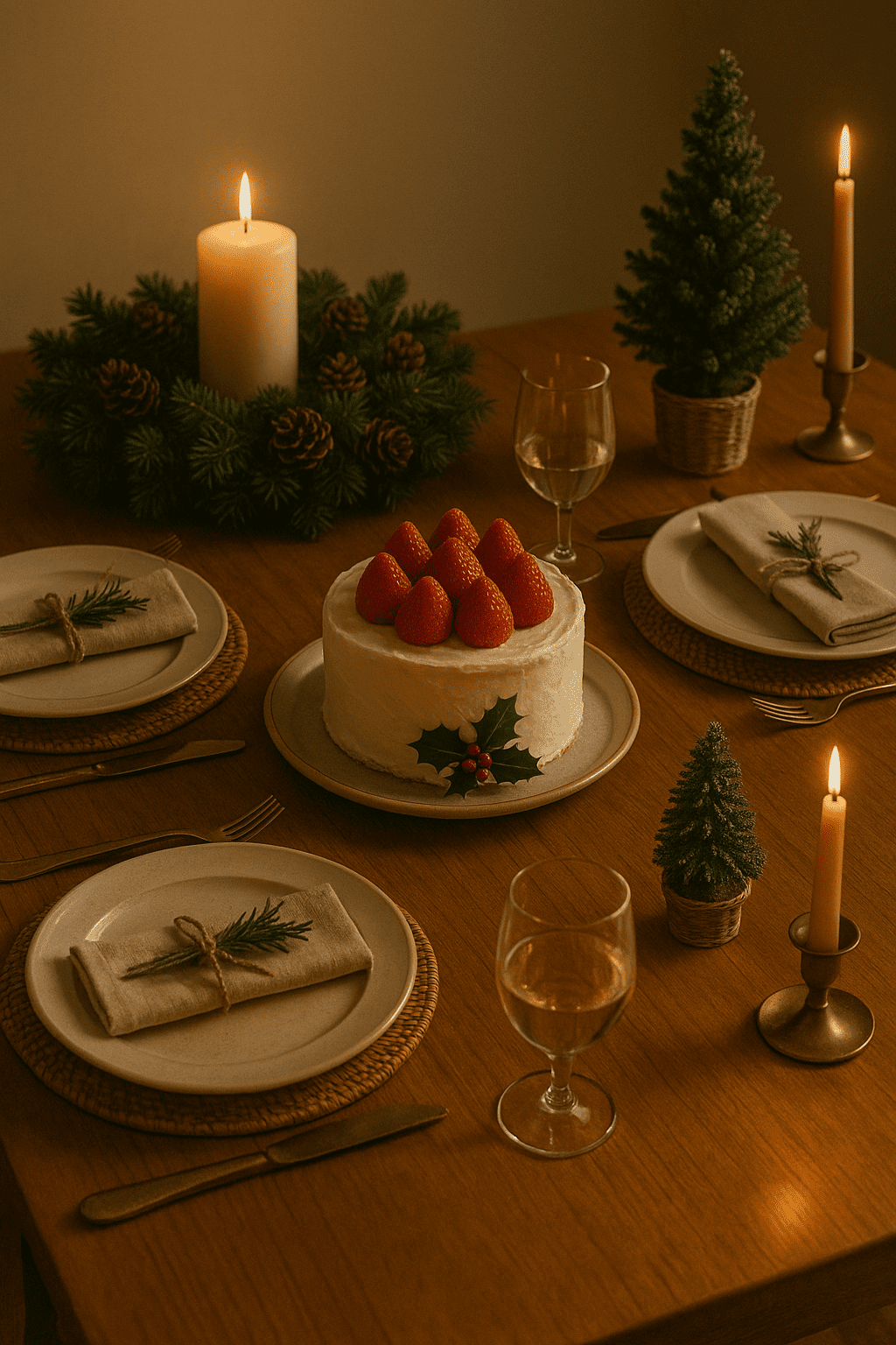 Cozy holiday table setting with cake and candles