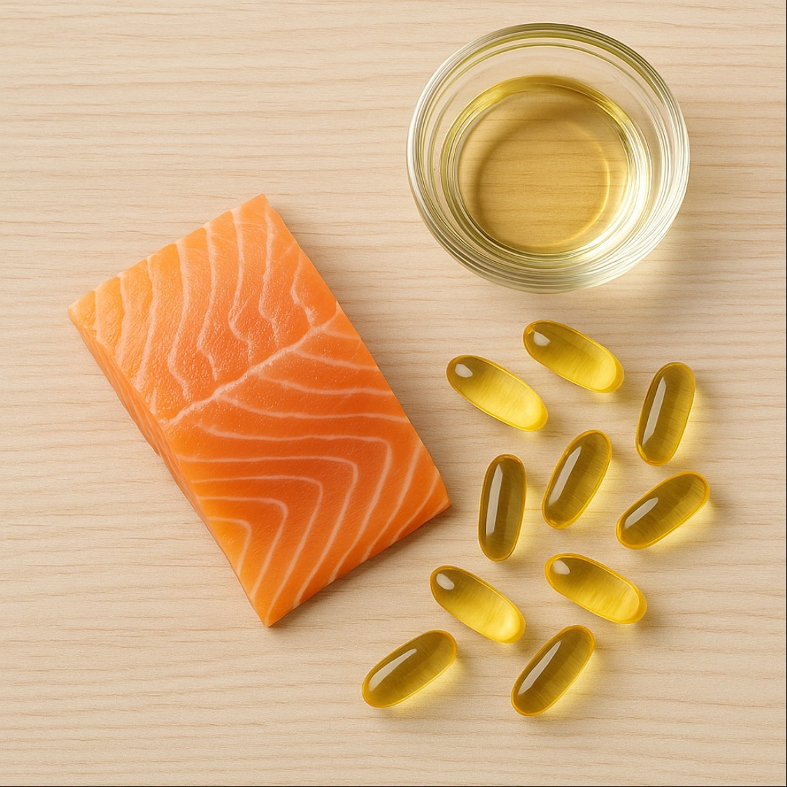 오메가3와 피쉬오일 비교를 위한 연어, 오메가3 캡슐, 피쉬오일이 담긴 유리컵이 함께 놓인 건강 이미지
