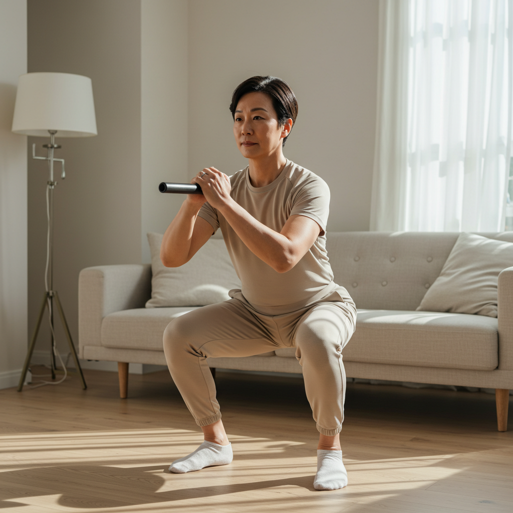 집 거실에서 올바른 자세로 스쿼트 운동을 하고 있는 중년 남성의 모습