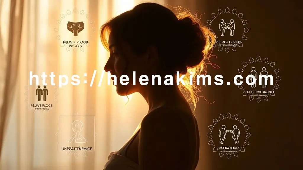 희미한 불안감에서 벗어나 빛이 드리운 여성 실루엣. 주변으로 요실금의 주요 원인(골반저근 약화, 호르몬)을 상징하는 패턴과 다양한 유형을 시각화한 아이콘들의 이미지.