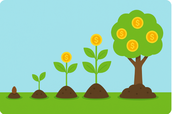 씨앗이 자라 나무가 되는 성장 과정으로 배당과 복리효과를
표현한 이미지