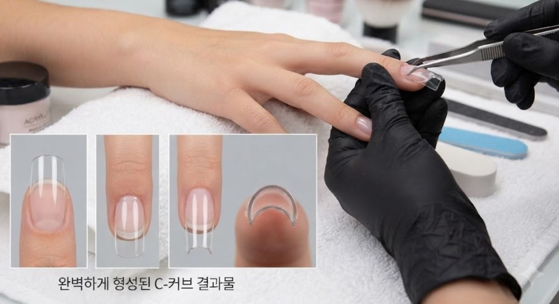 인조네일 연장 시 c커브 형태를 확인하는 과정