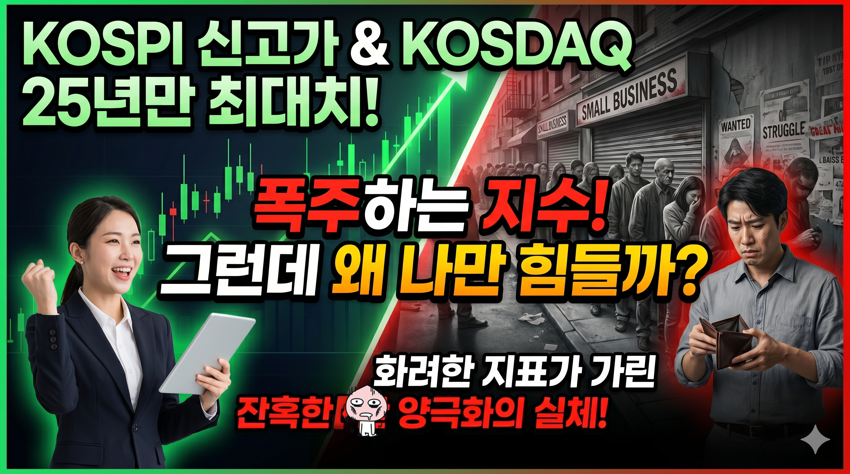 왼쪽에는 환호하며 태블릿을 든 직장인과 상승하는 초록색 주식 그래프가, 오른쪽에는 텅 빈 지갑을 보며 절망하는 남성과 줄지어 선 소상공인들의 대조적인 모습이 담긴 이미지. 상단에는 'KOSPI 신고가 &amp; KOSDAQ 25년 만 최대치'라는 문구가, 중앙에는 '폭주하는 지수! 그런데 왜 나만 힘들까?'라는 강렬한 질문이 배치되어 자산 시장의 호황과 서민 경제의 양극화를 상징적으로 나타냄