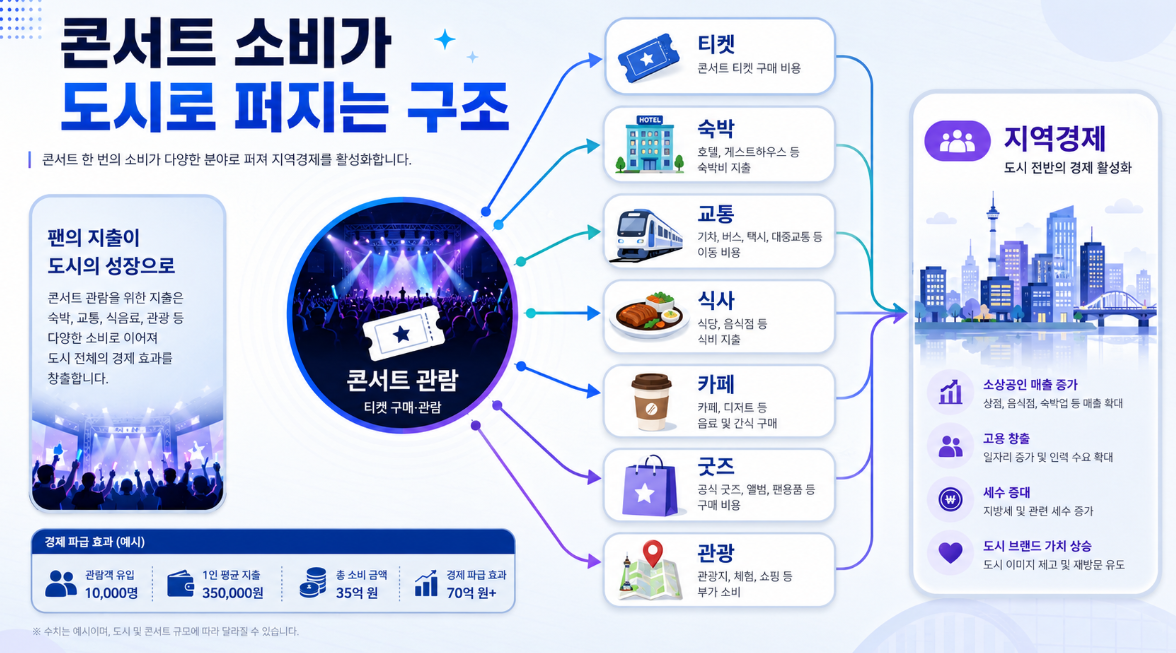 K-팝 콘서트 소비가 티켓 호텔 교통 식사 굿즈 관광으로 확산되는 구조를 설명한 인포그래픽