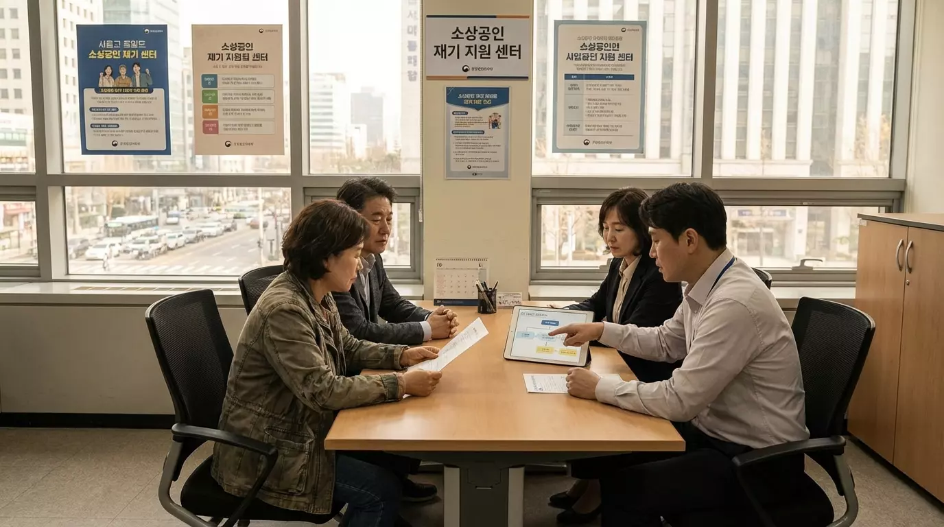 소상공인이 폐업 후 재창업 상담을 받는 장면