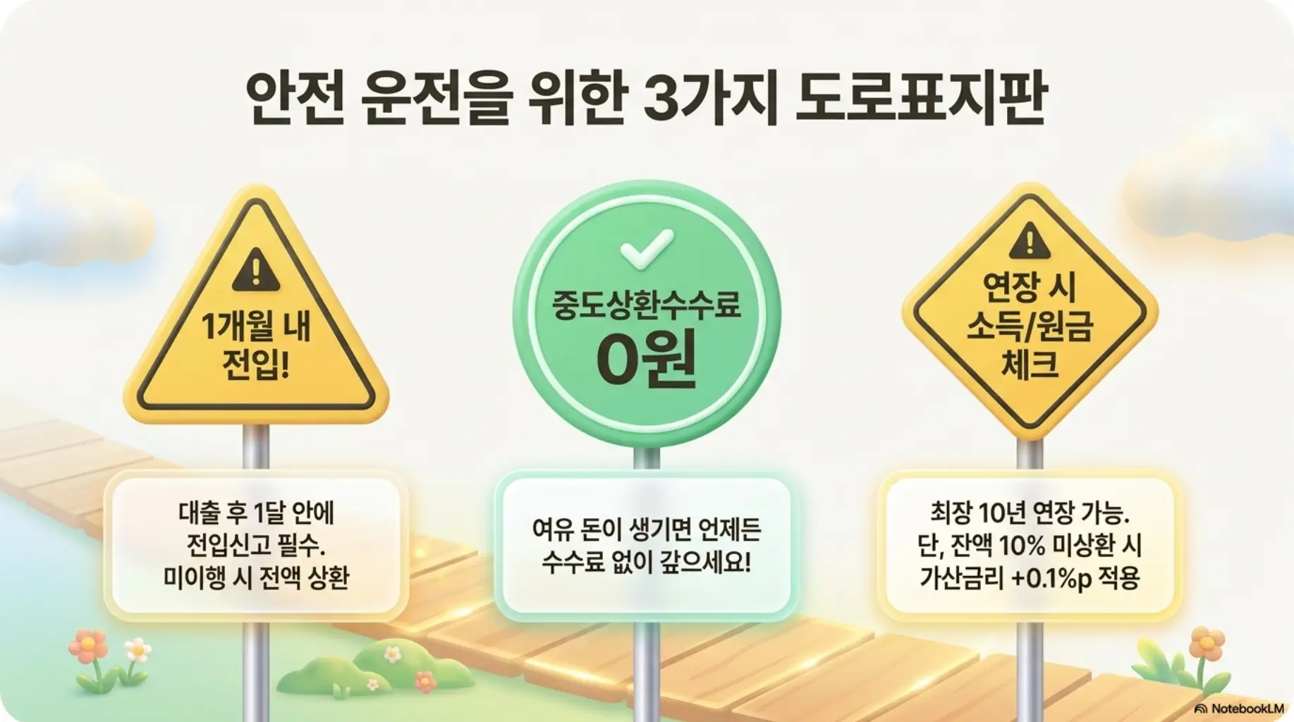 버팀목전세자금대출 이용 시 유의사항 3가지(1개월 내 전입신고, 중도상환수수료 0원, 연장 시 소득·원금 체크)를 도로표지판 형태로 정리한 이미지. 블로그의 버팀목전세자금대출 유의사항과 관련된 내용을 설명함