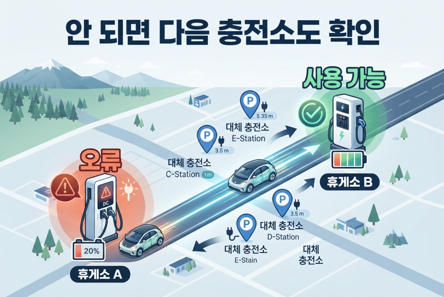 고속도로 휴게소에서 전기차 충전 오류 발생 후 대체 충전소를 찾는 모습