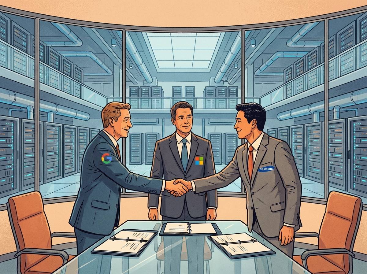 구글과 MS 임원들이 삼성전자 관계자와 악수하며 서류에 사인하는 모습