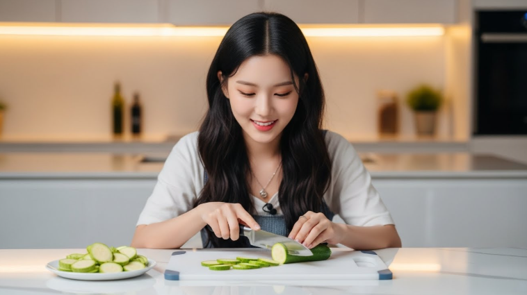 애호박을 도톰하게 0.5cm 두께로 반달 모양으로 썰고 있는 모습