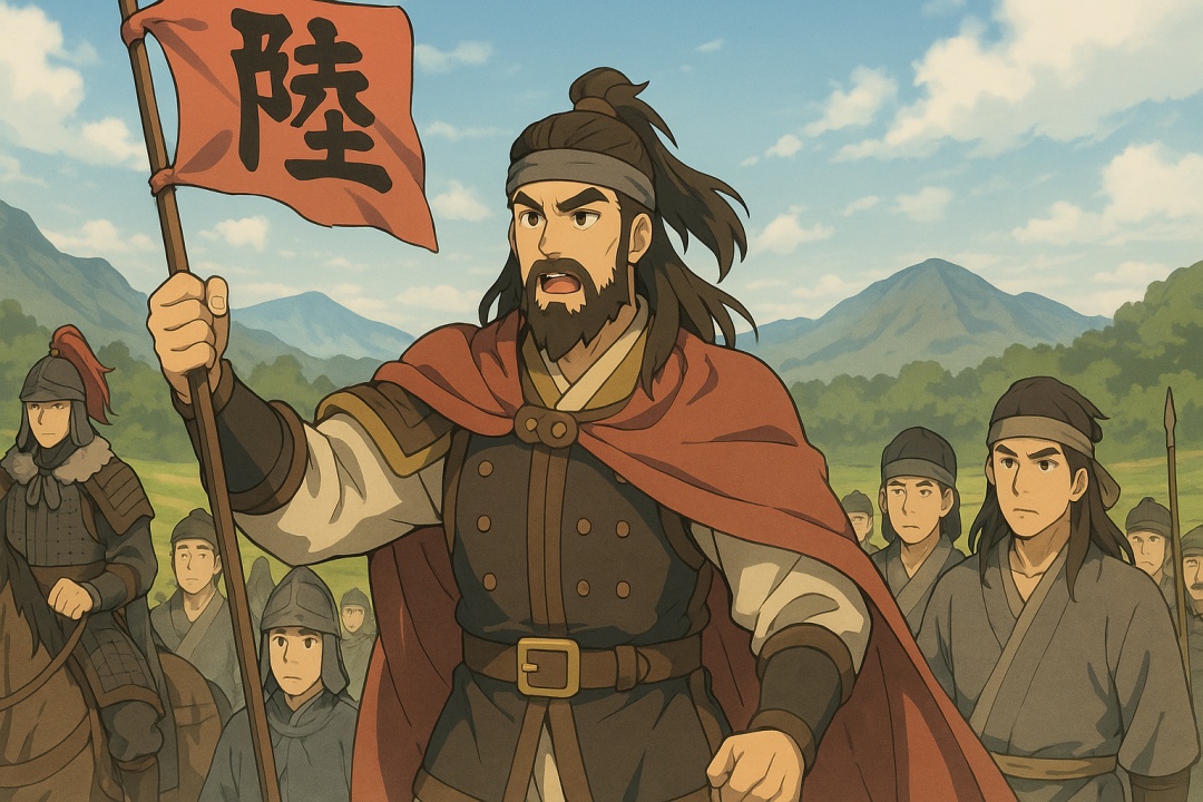 발해 건국 당시 대조영이 깃발을 들고 고구려 유민과 말갈족을 이끄는 모습, 초원과 산을 배경으로 한 와이드 애니메이션 스타일 일러스트