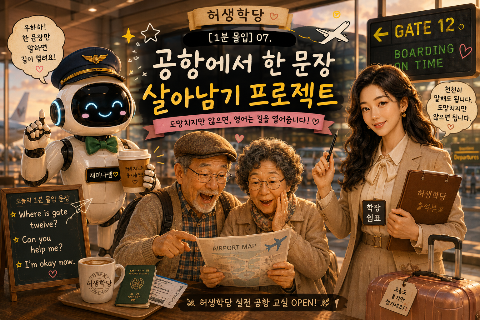 노을빛 공항 터미널을 배경으로 허생학당의 AI 재미나쌤과 여자 쉼표 학장이 시니어 부부의 첫 공항 영어 도전을 응원하고 있다. 캐리어와 여권, 탑승권이 놓인 테이블 위에는 카푸치노가 놓여 있으며, 칠판에는 &ldquo;Where is gate twelve?&rdquo;, &ldquo;Can you help me?&rdquo;, &ldquo;I&rsquo;m okay now.&rdquo; 같은 실전 영어 문장이 적혀 있는 따뜻한 허생학당 07교시 메인 썸네일 이미지.