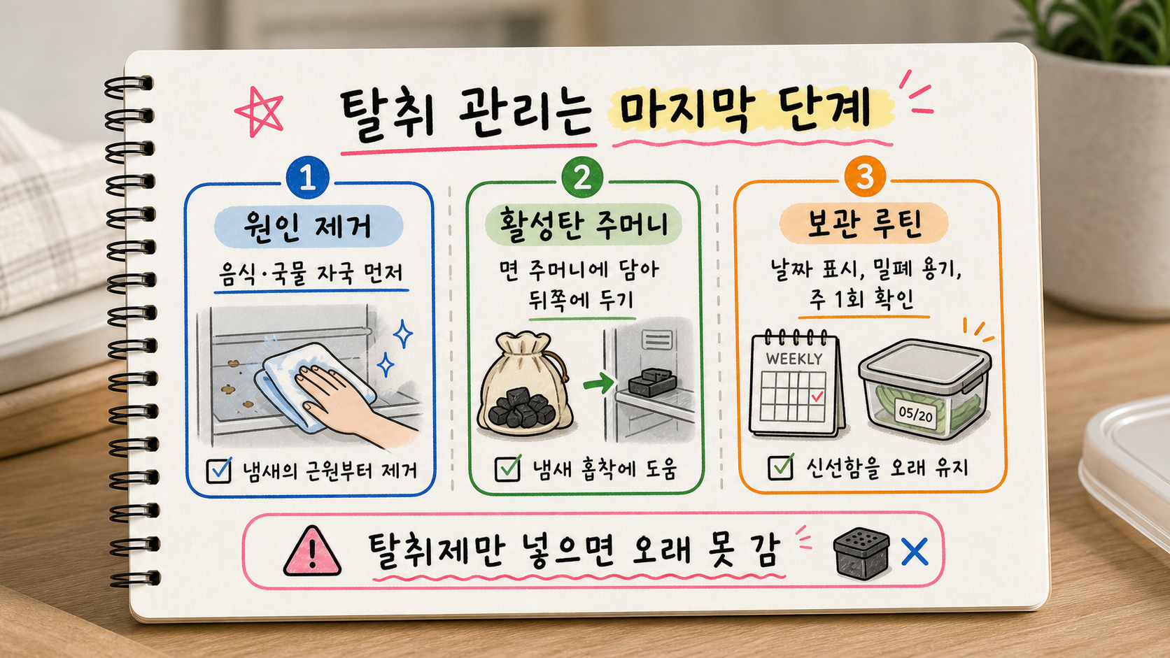 냉장고 탈취 관리를 원인 제거 활성탄 주머니 보관 루틴 순서로 정리한 가로형 손글씨 카드